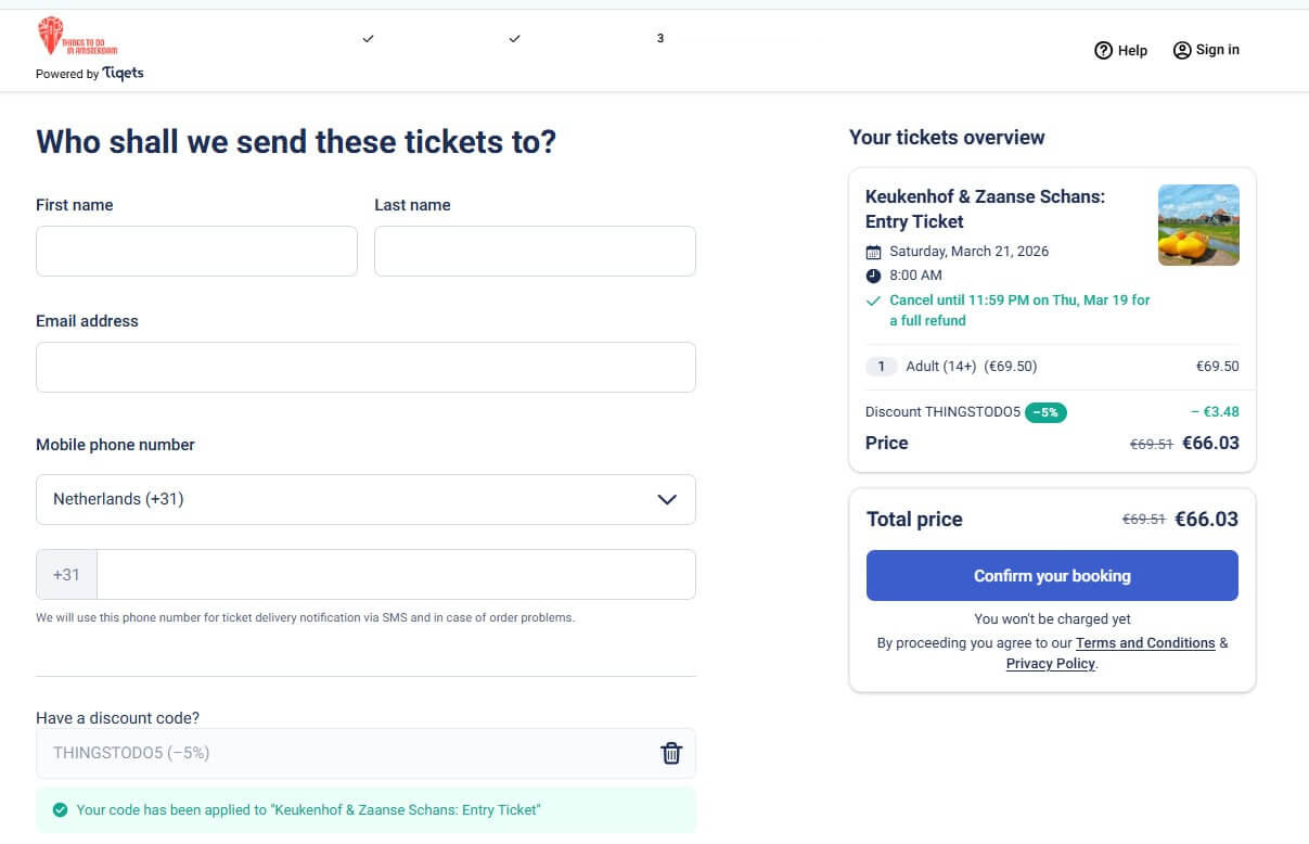 Tiqets-Rabattcode 2026 im Checkout angewendet