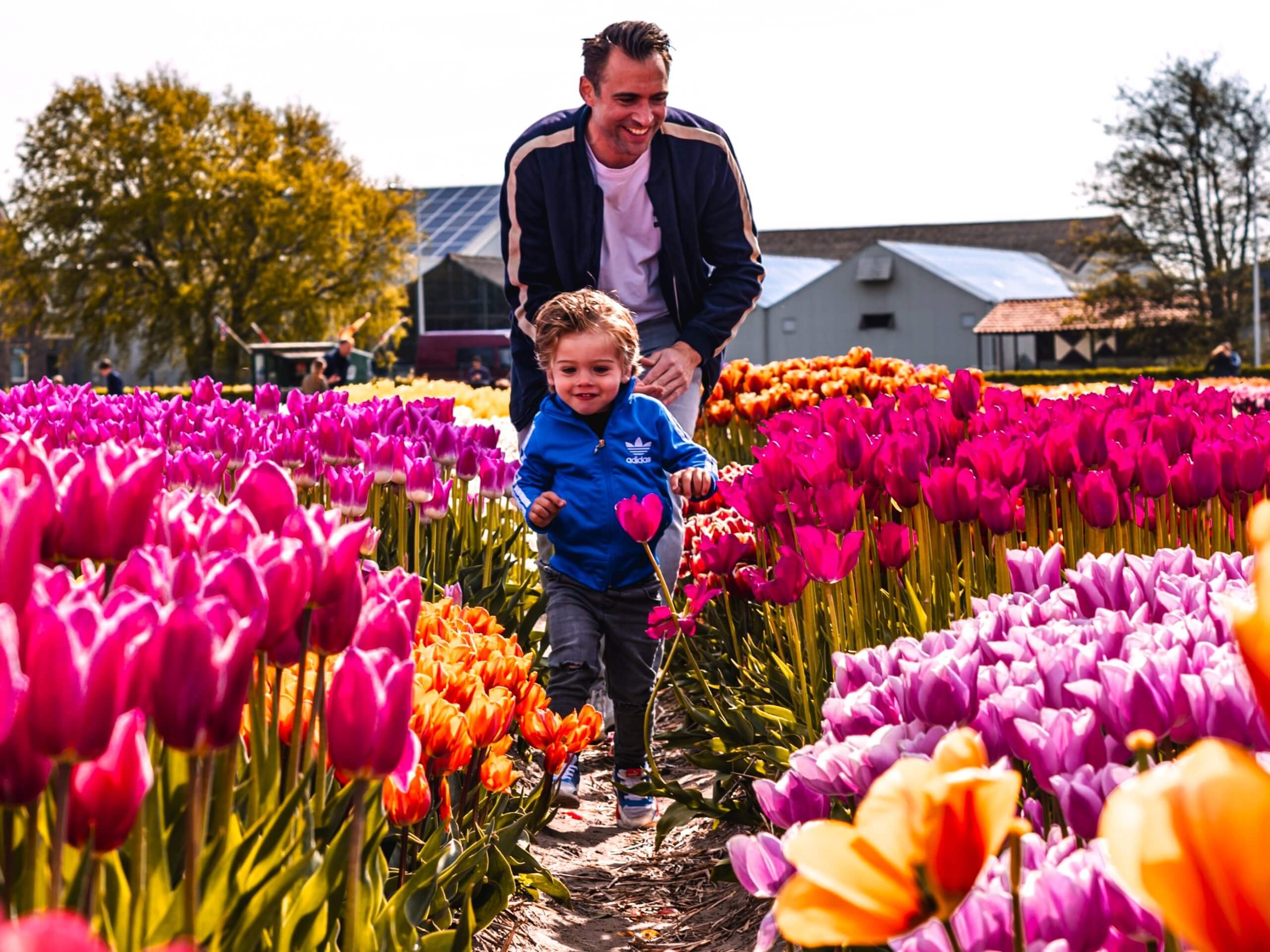 Father and son posing in flower fields - Tulip Experience Amsterdam